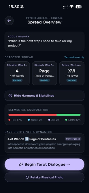 Khora showing a three-card spread it has just read: the detected cards, elemental balance, and the sightlines between the figures