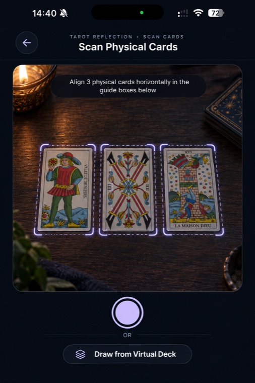 Khora scanning three tarot cards on a candlelit table, guide boxes locked onto each card